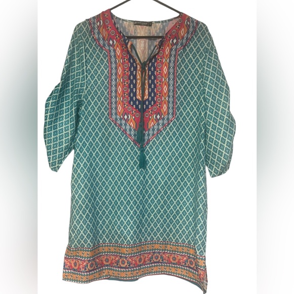 Urban CoCo Boho Print Tassel Toe Front Tunic Top/Dress size M Turquoise - Picture 14 of 14